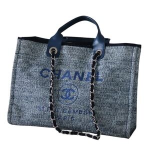 CHANEL Woven Straw Raffia Medium Deauville Tote Blue